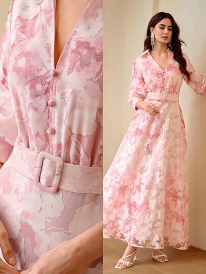 ZEYLAH Jacquard Jacquard Cinched Waist Collared Long Dress, Elegant, Spring/Summer