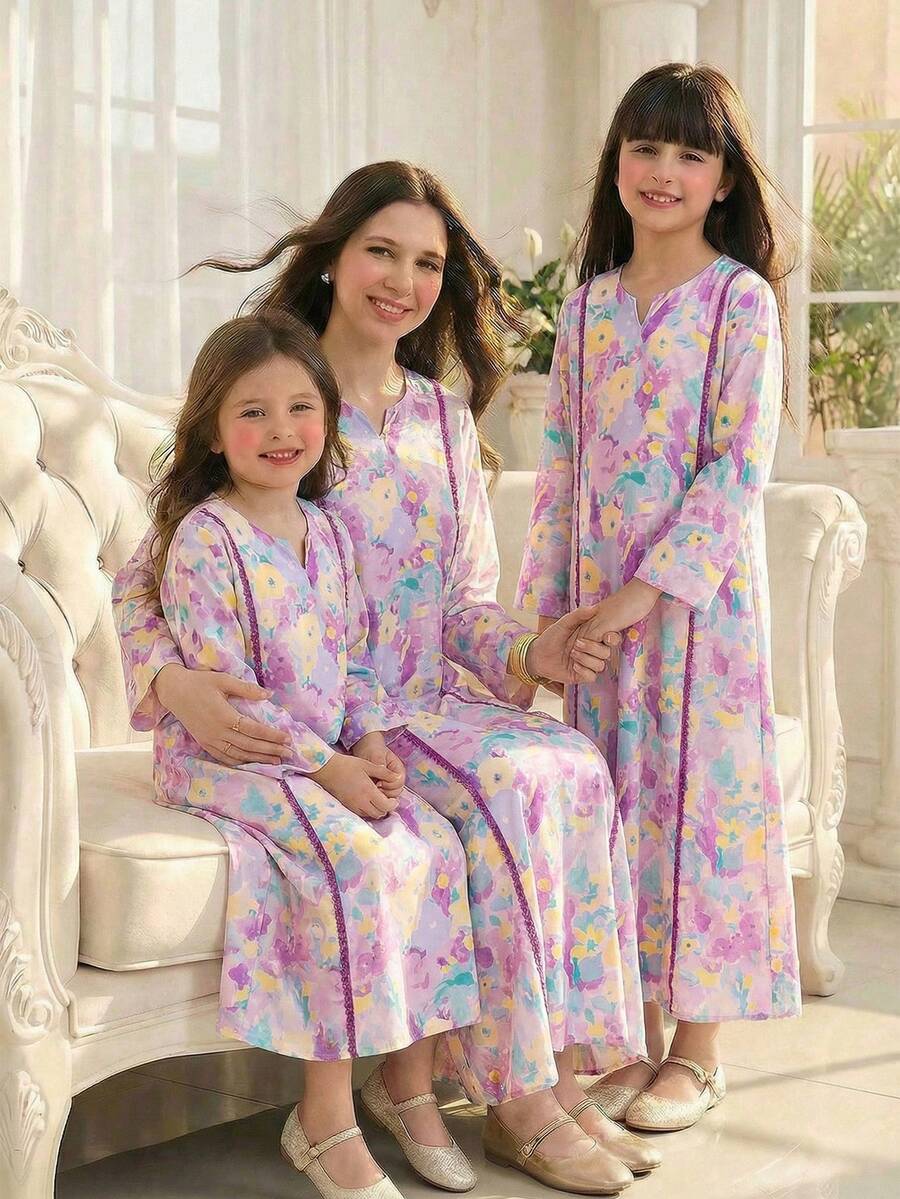 Tween Girls Elegant Floral Print Dress - Purple - View 1