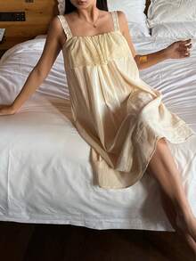 DAZY 女款蕾絲拼接無袖中長款睡裙睡衣 - 杏色 - 查看 10