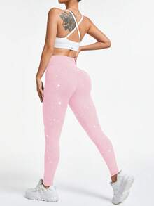 Easithlete Quần legging liền mạch màu đào lấp lánh họa tiết sao dành cho nữ, thích hợp cho thể thao và tập luyện. - Hồng - Xem 3