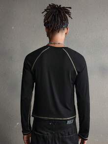 AXEPEAK Men's Contrast Trim Graphic Print Casual Crew Neck Long Sleeve T-Shirt - Black - View 3