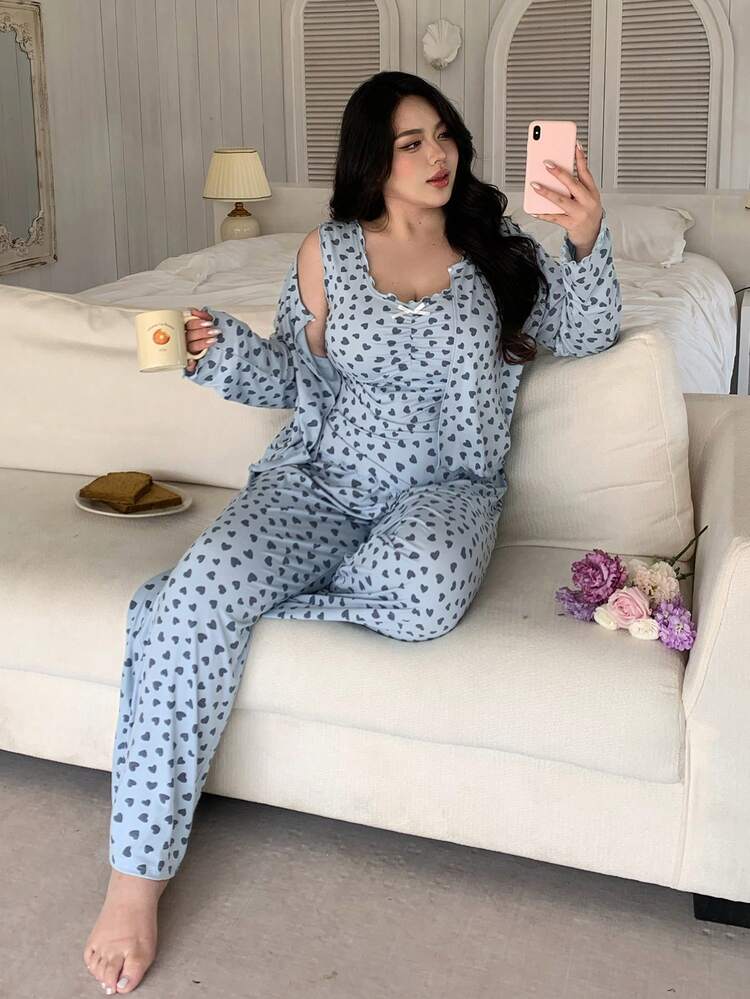 Dazy Plus 3pcs Plus Size Set: Heart Print Ruffle Trim Camisole, Long Sleeve Pajama Top And Loose Pants