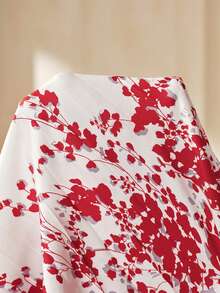 SHEIN Red Polyester Young Girl A Line Midi Dress With Stand Collar And Puff Short Sleeves Flared Hem Plant Pattern For Everyday Casual - Red - View 8