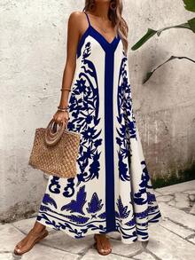 EMERY ROSE Women's Printed Loose Fit Sleeveless Dress, Casual For Holiday And Daily Wear Vacation Blue Floral Summer - Multicolor - View 7