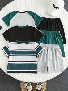 SHEIN 6件套男童绿色、黑色、灰色撞色圆领短袖T恤和短裤套装，3套，简约廓形，休闲校园风，舒适时尚，百搭实用，面料柔软，适合日常穿着、外出、户外活动、度假、派对、夏季海滩度假、春夏穿着。 - 彩色 - 查看 2