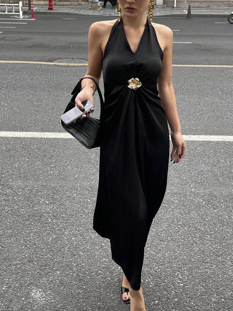 Black Spaghetti Strap Cinched Waist Mid-Length Dress For Women, Summer Sundress