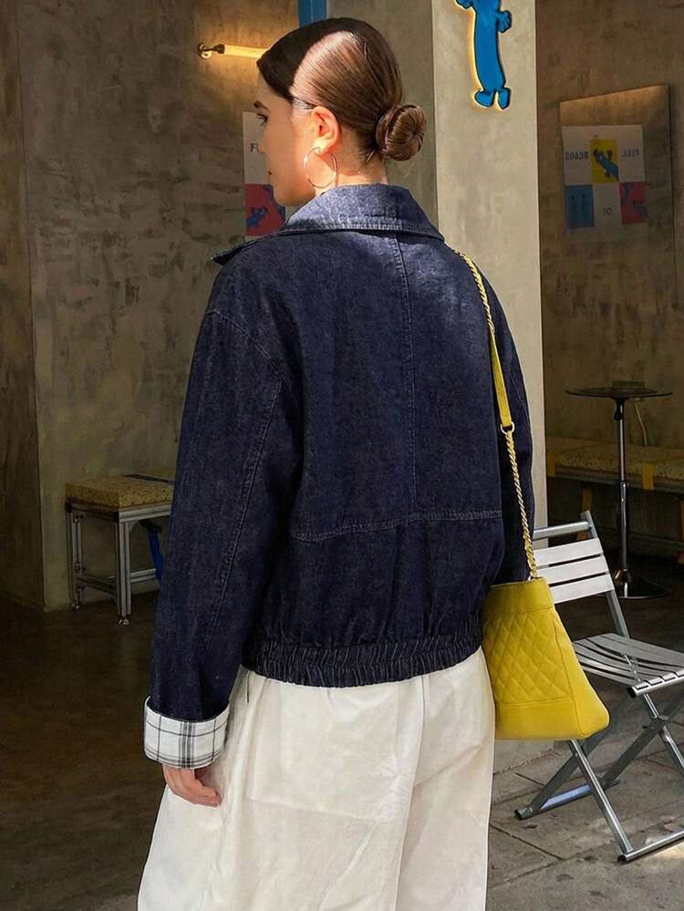 Women's Casual Cowboy Patchwork Contrast Color Loose High Collar Drawstring Street Denim Jacket, Spring/Autumn