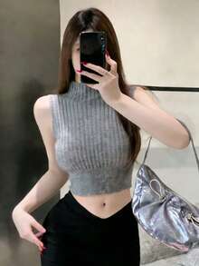 DAZY 女士无袖短款针织上衣，小立领 - 淺灰色 - 查看 3