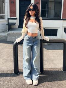 SHEIN PETITE Jeans minimalisti di colore unito da donna per uso quotidiano - Blu - Visualizzare 5