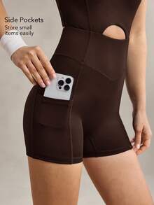 OutZeal Women Sports Black Jumpsuits Gym Workout Wear Summer Sweat Wicking Bra-In Cut-Out Back Knotted Romper - Brown - View 4