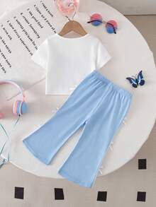 SHEIN Conjunto de camiseta de manga corta con estampado de lazo y pantalones acampanados de cintura elástica, estilo lindo y veraniego para bebé niña - Azul - Ver 2