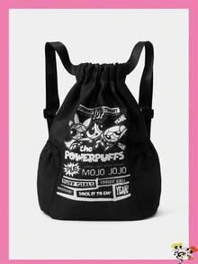 THE POWERPUFF GIRLS X SHEIN 卡通图案抽绳包，运动、健身、旅行、游泳、沙滩运动背包、健身包，男女通用及儿童健身配件 - 黑色 - 查看 1
