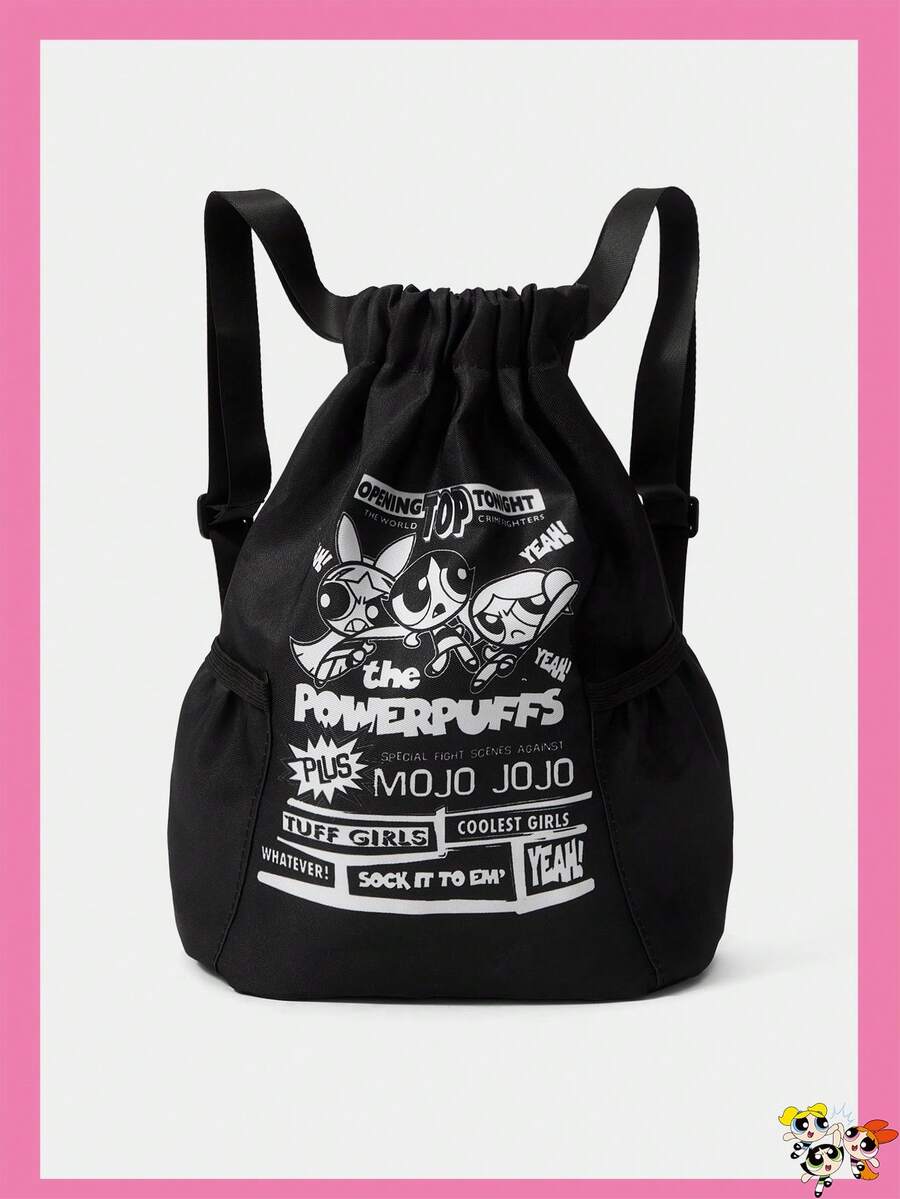 THE POWERPUFF GIRLS X SHEIN 卡通图案抽绳包,运动、健身、旅行、游泳、沙滩运动背包、健身包,男女通用及儿童健身配件 - 黑色 - 查看 1