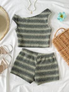 SHEIN Tween Girl Casual Asymmetric Textured Striped Cropped Off-Shoulder T-Shirt And Shorts 2-Piece Set, Vacation 2-Piece, Boho - Green - View 2