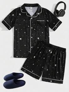 SHEIN Conjunto de 2 piezas de camisa de manga corta y pantalones cortos con estampado de dibujos animados para adolescentes varones, informal, cómodo, de moda, de tela suave, adecuado para uso diario, estar en casa, caminar, verano, vacaciones, primavera/verano - Negro - Ver 5