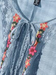 CosyJoli Plus Size Floral Embroidered Tassel Decor Elegant Tie-Front Blouse Fall - Baby Blue - View 3