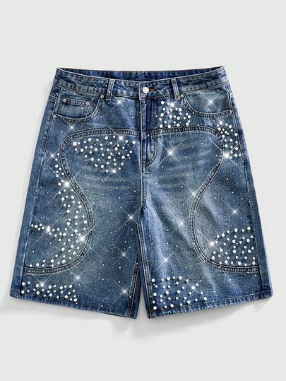 ROMWE MEN Men's Pearl & Diamond Embellished Loose Denim Shorts