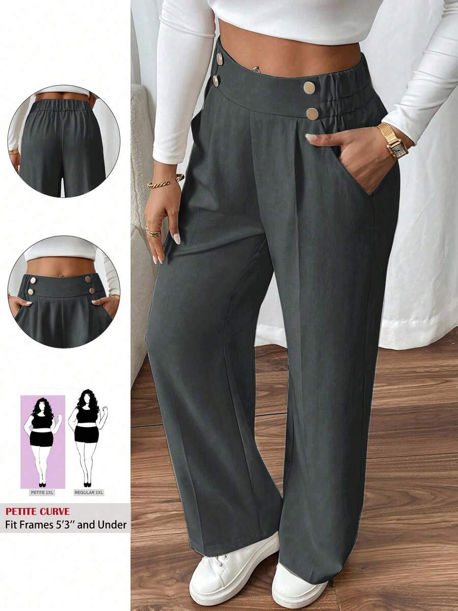 SHEIN PETITE CURVE 大码女士双扣直筒优雅通勤裤 - 深灰色 - 查看 1