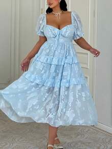 Lyrianda Vestidos formales de mujer con mangas abullonadas, cintura ceñida y decoración de lazo en estilo jacquard texturizado de chifón francés elegante, para primavera, verano y vacaciones - Azul - Ver 5