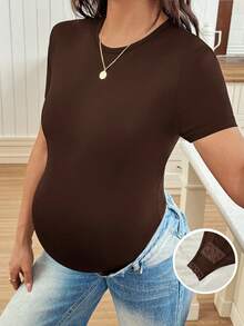 SHEIN 孕妇纯色圆领短袖休闲连体裤 - 棕色 - 查看 6