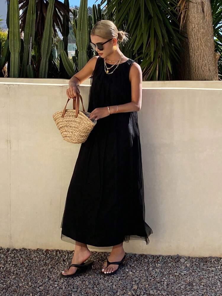 Women's Round Neck Sleeveless Mesh Patchwork Elegant Casual Dress Sundress Summer