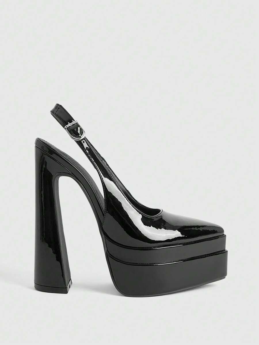 CUCCOO LuxiPop 女士户外尖头粗跟双层防水PU轻薄面料时尚简约舒适日常派对宴会搭扣式露跟鞋 - 漆皮 黑色 - 查看 1