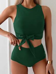 Swim Lushoire Conjunto de tankini de unicolor con nudo delantero para vacaciones de verano de mujer - Verde Oscuro - Ver 5