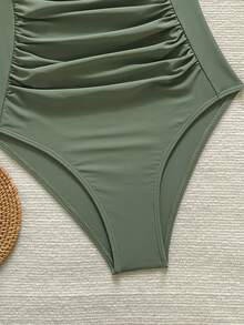 Swim Basics 女士纯色交叉褶皱连体泳衣，适合度假 - 綠色 - 查看 5