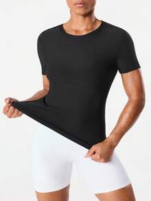 SHEIN Sports 女士时尚弹力圆领短袖紧身卫衣 - 黑色 - 查看 2