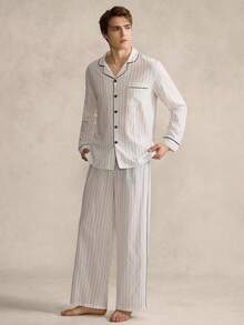 Men's Comfortable Casual Striped Button-Front Shirt And Pants Pajama Set, Autumn - Khaki - View 4