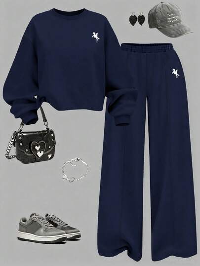 SHEIN ChillGRL Set de 2 piezas de sudadera de cuello redondo y pantalón de chándal con estampado de caballo minimalista casual para adolescentes, cómodo y cálido para otoño/invierno