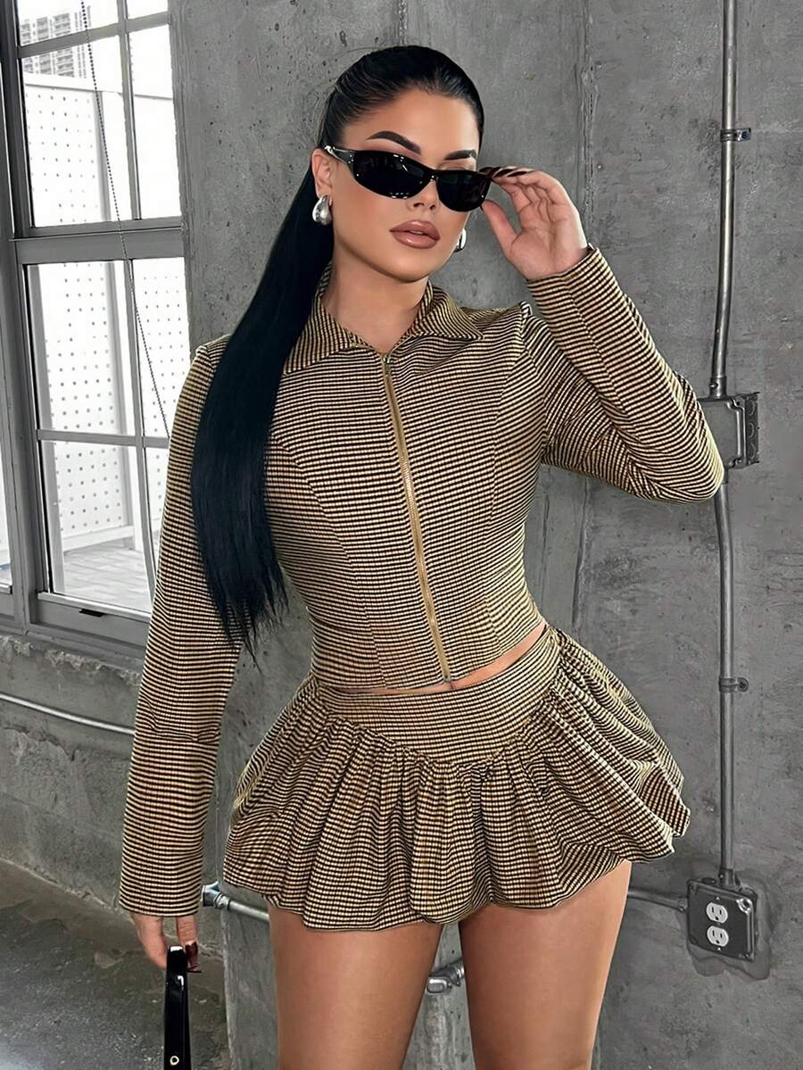 SHEIN SXY Women's Casual Fashion Daily Commute School Style Patterned Print Zip-Up Jacket And Bubble Skirt Set, Spring/Summer/Autumn,Y2K,Sexy,Casual,Summer,Spring,Carnival,Rave,Going Out,, Club Two Piece Set, Long Sleeve Two Piece Set, Two Piece Shorts Set - Multicolor - View 1