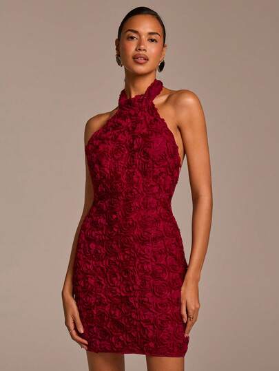 COSMINA Women's Red/Burgundy 3D Floral Halter Neck Cinched Waist A-Line Mini Dress, Suitable For Wedding, Casual, Holiday, Party, Banquet