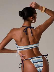 SHEIN BAE 两件套复古条纹珍珠吊带比基尼上衣和侧系带比基尼泳裤，时尚度假泳装套装 - 藍色 - 查看 2