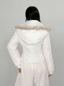 Flirla Women's Casual Fashion Hooded Contrast Color Fur Trim Zip-Up Padded Coat, Suitable For Autumn/Winter - White - View 2