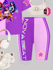 Bộ đồ thể thao K-POP hoạt hình dành cho bé gái tuổi teen, gồm áo thun ngắn tay cổ tròn dáng rộng thoải mái và quần short đạp xe, phù hợp cho mặc hàng ngày và phong cách đường phố mùa xuân/hè. - Nhiều màu - Xem 5