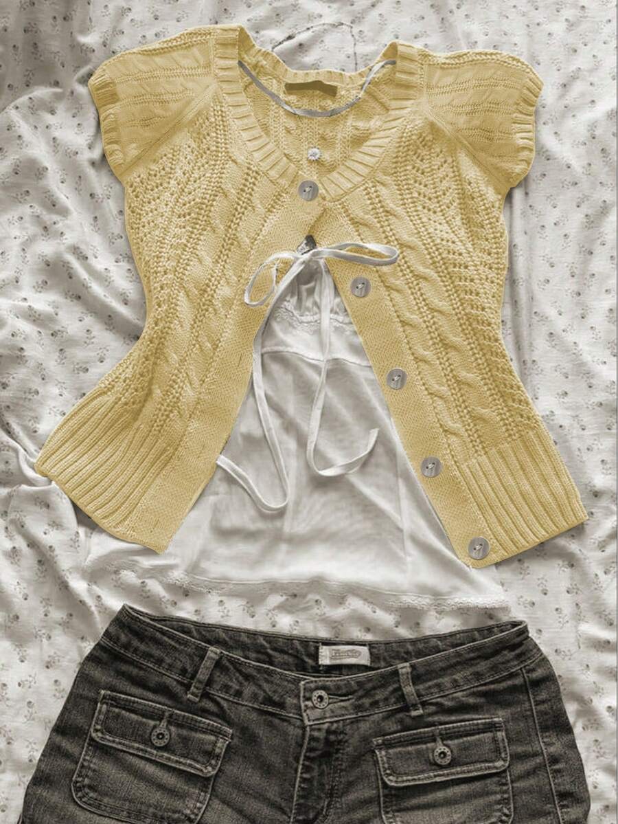 Chiquease Áo khoác cardigan nữ kiểu dáng vintage mới, tay ngắn, cài một hàng khuy. - Màu Mù tạt vàng - Xem 1
