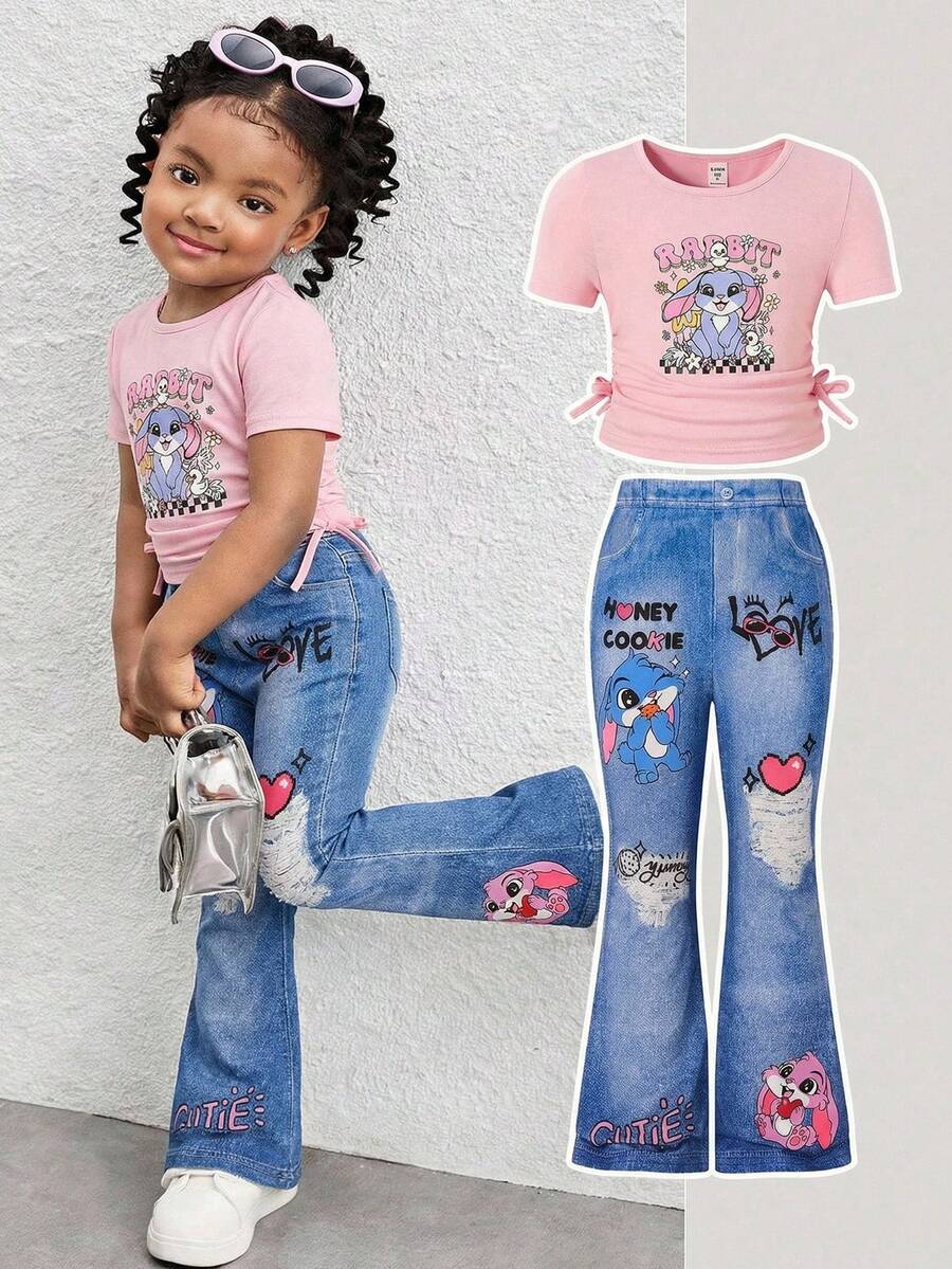 SHEIN 2pcs/Set Young Girls Light Pink Summer Cartoon Rabbit Print Short Sleeve Tee Top With Drawstring Sides And Graphic Flare Pants,Kids Fashionable Set - Pink - View 1