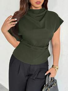 Firerie Plus Size Women Casual Elegant Vacation Ruched Collar Asymmetrical Sleeve Side Waist Commuter Bamboo Linen Fabric Blouse, Spring/Summer - Green - View 6