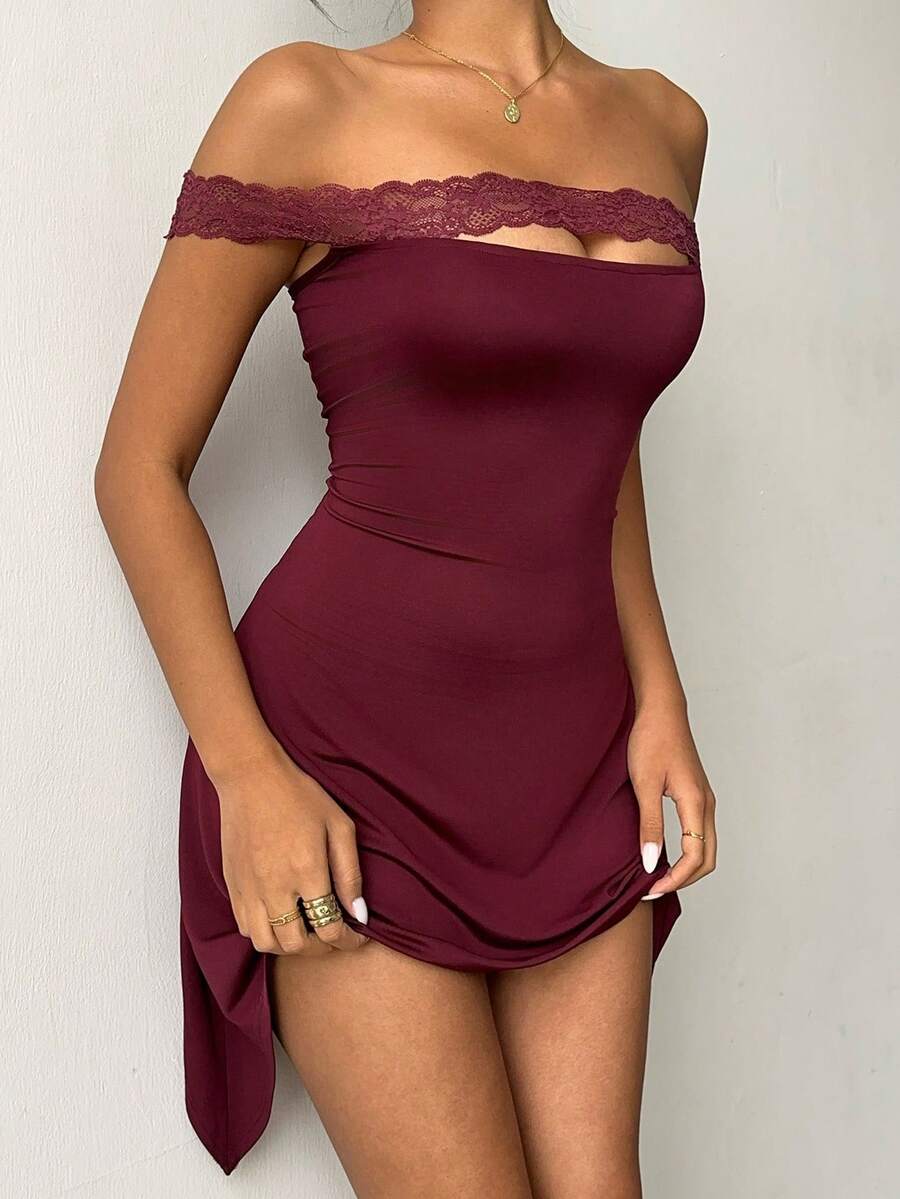 Aloruh Women's Elegant Off Shoulder Lace Patchwork Burgundy Mini Dress,Summer 70's Club Night Party Disco Asymmetrical Hem Night Out Honeymoon Outfit