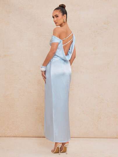 Lumalex New Spring Summer Silk-Feel Satin One Shoulder Asymmetric Ruched Waist Twist Open Back Strap Detail Side Twist Drape & Thigh-High Slit Evening Gown, Summer Dress, Summer Dresses For Women, Spring Outfit Women, Valentine's Day Outfit, Beach Dress, Beach Outfits, Carnival Women Look 2026, Party Dress, Elegant Party Dresses For Women, Wedding Guest Dress For Women, Elegant Dresses For Women, Vacation Outfits For Women, Vacation Dress, Business Casual, Formal Dress, Luxury Evening Dress For Women, Draped Dress, ID Al-Adha, Valentine's Day Ideas, Romantic Valentine Vibes, Casual Dresses For Women, Neo Girly Mood, Boho Casual Vibes, Quiet Luxury Style, Suitable For Parties, Dates, Going Out, Night Out, Weddings, Holiday, Vacation, Birthday Parties