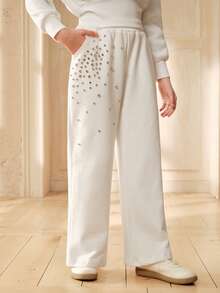 SHEIN Tween Girls' Casual Everyday Commute Versatile Rhinestone Decor Elastic Waist Loose Wide Leg Sweatpants - White - View 6