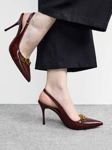 CUCCOO BIZCHIC Women Shoes Spring Summer Metal Buckle Decorative Pointed Buckle Slender Heel 9cm Women's High Heel Shoes Solid Color Commuter Dating Daily Holiday Shoes - Burgundy oily skin - View 4