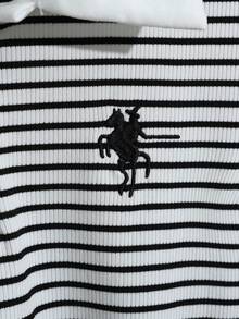 GlowEve 时尚休闲复古条纹短袖 Polo 领女式 T 恤，绣马图案 + 雪纺口袋短裤两件套，夏季 - 白色 - 查看 7