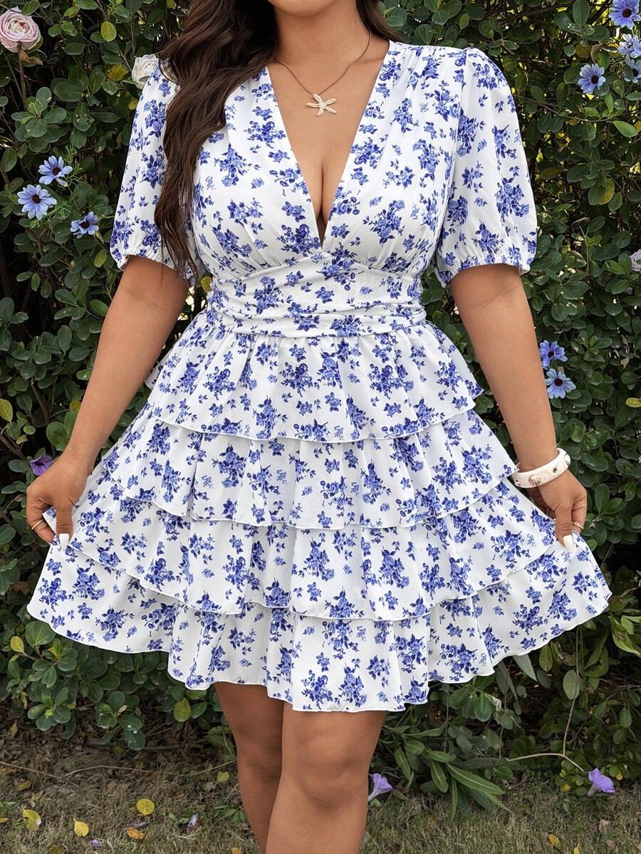 Sunnyshic Plus Size Floral Print Layered Ruffle Hem Casual Dress,White Summer Boho Bachelorette Party Tea Party Holiday,Cute Babydoll Curve High Tea Outfit - Blue and White - View 1
