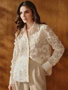 Anewsta Blusa de diseño elegante y de alta gama para primavera con mangas largas, cuello alto, y decoración de flores con cuentas y lentejuelas de gasa para mujeres - Albaricoque - Ver 5