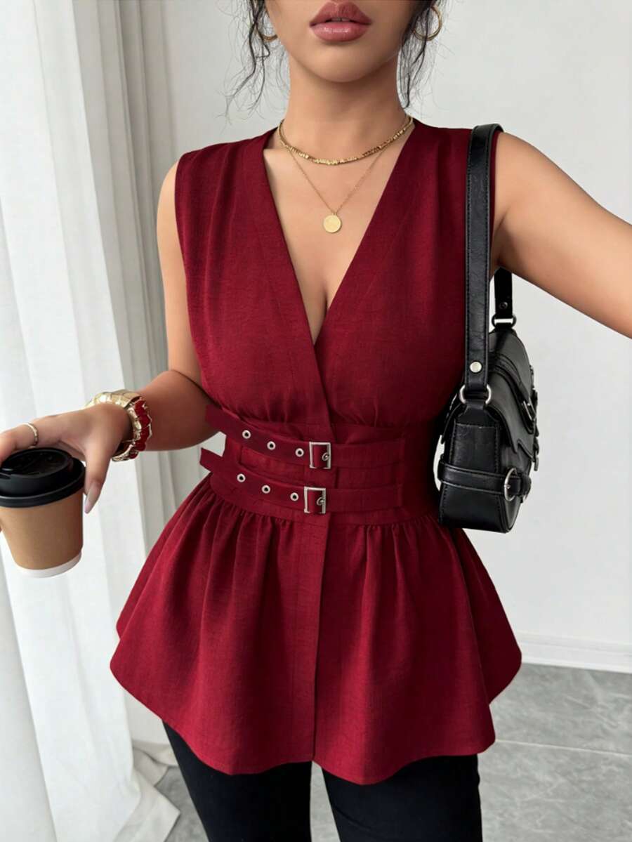 Rafferiza 新款女士时尚修身双肩带束腰上衣，无袖红色，日常穿着完美，工作和度假皆宜。春夏上衣，女士外出上衣，情人节、假日必备。 - 酒紅色 - 查看 1