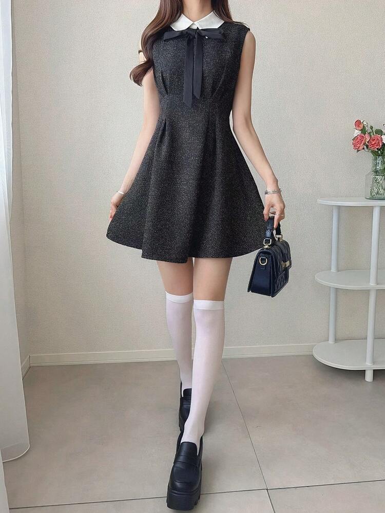 Women's Contrast Color Collar Bow Decor Sleeveless Elegant Dress