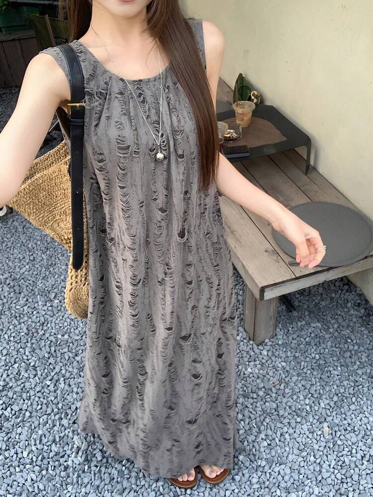 Women's Casual Round Neck Distressed Design Long Dress, Suitable For Dates, Vacations, And Outings