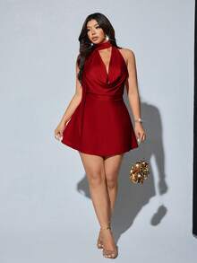 Viva Relle Plus Size Women's Sexy Deep Draped Neck Backless A-Line Mini Dress With Sash, Shiny Stretchy Fabric, Summer Party Dress,Red Plus Size Knitted Halter Mini Dress Fitted With Draped Details And Sleeveless Style,Plus Size Red Halter Draped Mini Dress Sexy Sleeveless Fitted Knitted Fabric Party Dress,Red Plus Size Knitted Halter Mini Dress Fitted With Draped Details And Sleeveless Style - Red - View 6